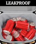 Open insulated picnic backpack showing red soda cans with ice inside, labeled leakproof, Insulated Picnic Backpack Lunch Bag For Women And Men