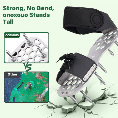 Side view of Heavy Duty Lawn Aerator Shoes with thick metal base, longer steel spikes, and adjustable straps, showing sturdiness.