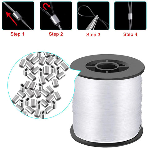 Clear Invisible Hanging Wire 0 Point 9 Millimeter Pro Grade That Holds Up To 60lbs 656 Feet Nylon Thread and aluminum sleeves