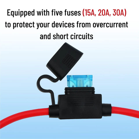 Rig Ready Sae Battery Connector 3.3 Ft Harness With Inline Fuses And Polarity Reverse Adapter 10 Awg Copper Wire detail of fuses for overcurrent protection