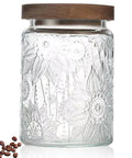 Airtight 24 Oz Glass Storage Jar With Bamboo Lid For Pantry And Kitchen Counter, Vintage Clear Glass Canister Set With Sunflower Pattern