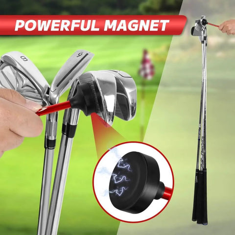 Golf Alignment Rods Swing Training Aid With Magnetic Base shown attaching to club heads, highlighting the powerful magnet feature.