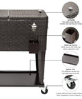 Close-up of 80 Quart Rolling Ice Chest On Wheels Portable Patio Party Bar Drink Cooler Cart with Wicker PP Rattan Shelf and bottle opener.