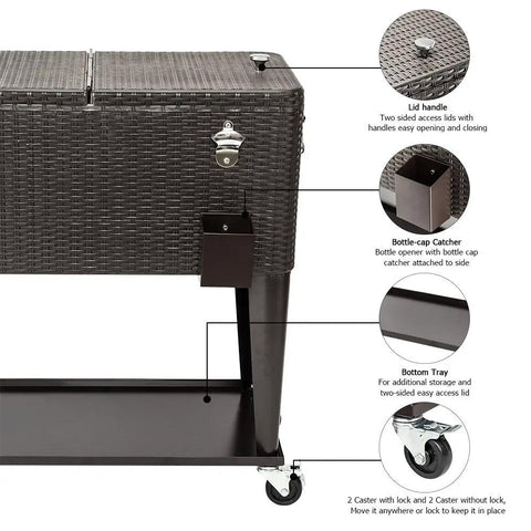 Close-up of 80 Quart Rolling Ice Chest On Wheels Portable Patio Party Bar Drink Cooler Cart with Wicker PP Rattan Shelf and bottle opener.