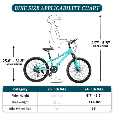 Bike size applicability chart for Kid Friendly Mountain Bike 20/24 Inch With 7 Speeds, showing rider height compatibility.