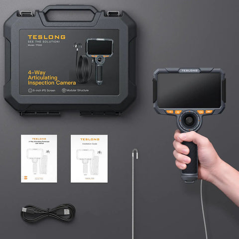 4 Way Articulating Borescope For Automotive Engine With 3.9mm Probe Joystick Controlled Tip 360 Degree Rotation And 210 Degree Bends 6 Inch 720P Screen, case and hand unit