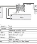 Diagram of wiring for Beefy 25A Waterproof Micro Brushed ESC for SCX24 1x24 and TRX4M 1x18 RC Crawlers with specs.