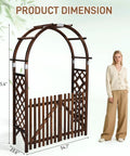 Heavy Duty Wooden Garden Arbor With Gate Trellis For Ceremony And Wedding Decor Garden Arch Pergola displaying dimensions.