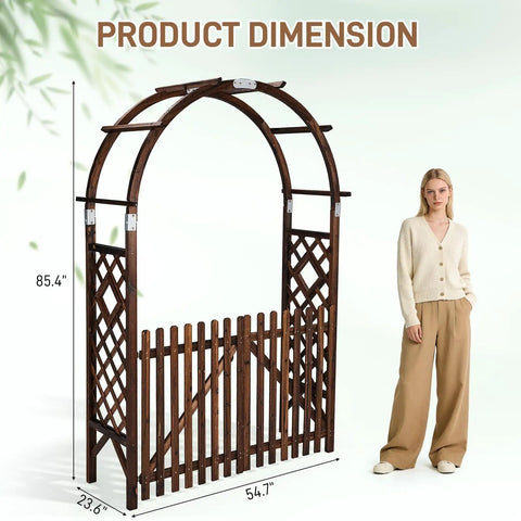 Heavy Duty Wooden Garden Arbor With Gate Trellis For Ceremony And Wedding Decor Garden Arch Pergola displaying dimensions.