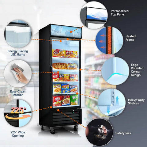 16 Cubic Feet Commercial Upright Display Freezer With Single Glass Door ETL Certified showcases energy-saving LED lights and easy-clean interior.