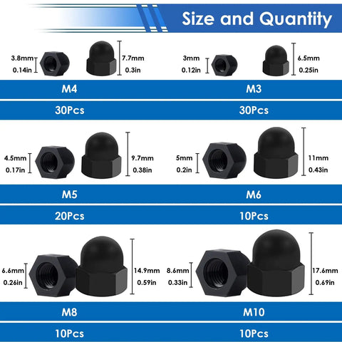 Six Size Hex Acorn Cap Nut Covers Kit For M3 To M10 Bolts, Nylon Screw Caps For Indoor Outdoor Use, 110 Pieces, Size and Quantity Chart