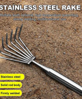 Stainless Steel Lawn Rake With Ergonomic Long Handle For Easy Weeding And Leaf Clearing Multi Claw Garden Heavy Duty Rake