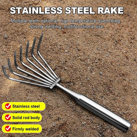 Stainless Steel Lawn Rake With Ergonomic Long Handle For Easy Weeding And Leaf Clearing Multi Claw Garden Heavy Duty Rake
