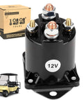 12V Golf Cart Solenoid For Club Car DS And Precedent Gas Carts 1984 Up, 4 Terminal Copper Contacts, with packaging and cart image