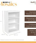 Slick White Modular Storage Organizer Kit With Adjustable Hanging Rods Roomy Shoe Cubbies Four Stackable Drawers Three Tier Shelving And Secure Door Cabinet For Hassle Free Home Organization, white three-shelf unit with decorative trim.