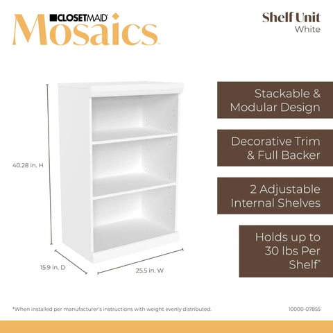 Slick White Modular Storage Organizer Kit With Adjustable Hanging Rods Roomy Shoe Cubbies Four Stackable Drawers Three Tier Shelving And Secure Door Cabinet For Hassle Free Home Organization, white three-shelf unit with decorative trim.