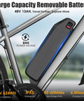 Beast 1000W Peak Fat Tire Electric Mountain Bike for Adults with 48V 13Ah removable battery close-up and specs