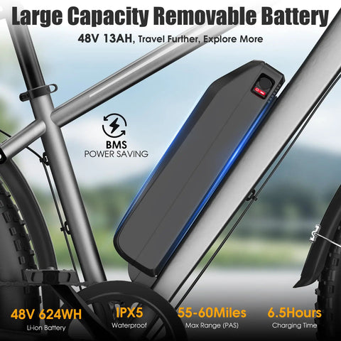 Beast 1000W Peak Fat Tire Electric Mountain Bike for Adults with 48V 13Ah removable battery close-up and specs