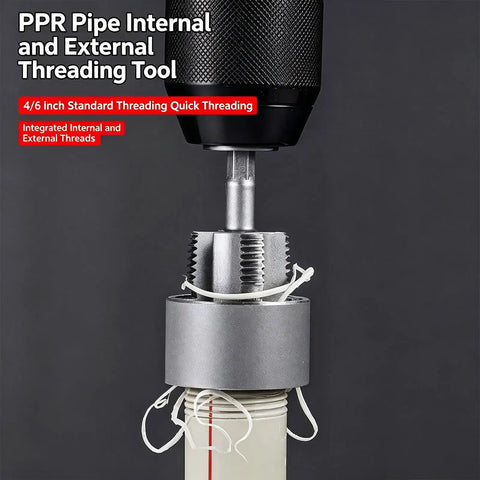 Heavy Duty Internal External Pipe Threader Die Set With Electric Drill Compatibility For 1/2 And 3/4 Inch Copper Stainless Steel Plumbing Jobs Fast Quick Threading Tool For Pros And DIYers, showing internal and external threading tool on PPR pipe.