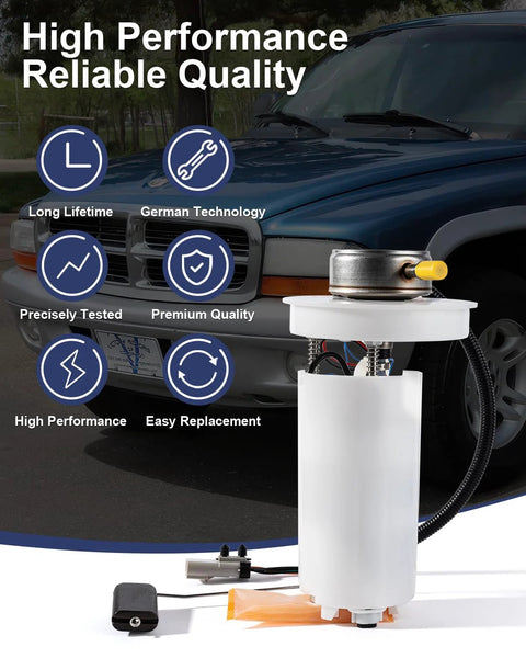 Electric Fuel Pump Module Assembly For 2000 Through 2004 Dodge Dakota 24 Gallon Gas Tank Fits 2.5L 3.7L 3.9L V6 V8 Crew Cab Pickup Replacement With O Ring E7128MN E7185M in front of a Dodge Dakota truck, highlighting premium features.