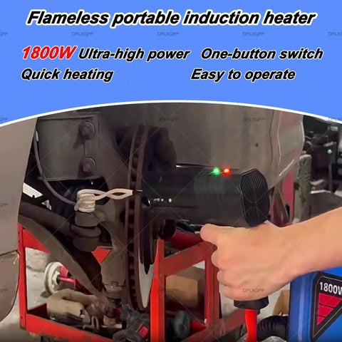 Straight Shooter Handheld Induction Bolt Heater Kit Generating 1800 Watts in use, heating automotive components efficiently.