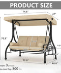 Three Seat Outdoor Porch Swing With Adjustable Canopy And Stand Heavy Duty Patio Swing For Adults Up To Eight Hundred Pounds Cup Holder Tray Included UV Resistant Shade Fabric Khaki Garden Swing For Yard Or Patio, dimensions displayed with khaki fabric cover and black steel frame