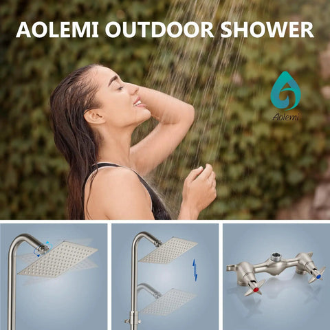 Outdoor Shower Kit with Brushed Nickel Finish All Metal Construction Built To Last 6 Inch Rain Shower Head with 360 Degree Rotation Adjustable Slide Bar Dual Handle Mix Valve Rust Resistant Stainless Steel and Brass for Outdoor Use