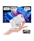 4K Supported Mini Projector With WiFi And Bluetooth For Home Theater And On The Go showing streaming apps and connectivity options