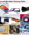 Microfiber cleaning cloths collage showing 12 uses: smartphones, glasses, cameras, car screens, watches, makeup mirrors, jewelry.
