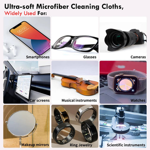 Microfiber cleaning cloths collage showing 12 uses: smartphones, glasses, cameras, car screens, watches, makeup mirrors, jewelry.