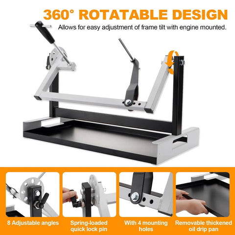 Motorcycle Engine Stand For Vertical Single Cylinder 2 Stroke Or 4 Stroke Motors, showing 360° rotatable design and features.