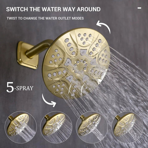 Brushed Gold Tub And Shower Faucet Set With Pressure Balancing Valve And Trim Included 5 Sprays Shower Head Shown in Use