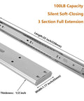 22 Inch Heavy Duty Soft Close Drawer Slides Set showing dimensions and features like 100 lb capacity, full extension ball bearing side mount rails.