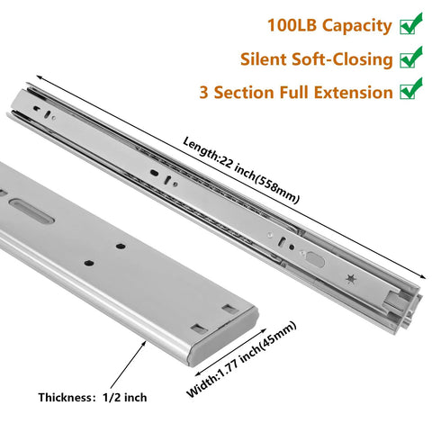22 Inch Heavy Duty Soft Close Drawer Slides Set showing dimensions and features like 100 lb capacity, full extension ball bearing side mount rails.