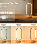 Modern Ellipse LED Desk Lamp With Wood Accent, showing dimmable warm white light settings and USB power cable