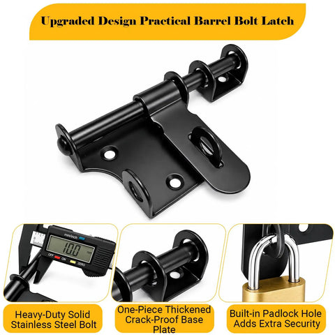 Built Different 4 Inch Slide Barrel Bolt Gate Latch Crafted From Solid Corrosion Resistant Stainless Steel For Weather Proof Barn Fence Pad And Shed Security, black latch with padlock hole.
