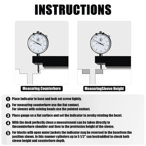 Diagram showing instructions for using Pro Grade Sleeve Height And Counter Bore Gauge For All Diesel Engines with diagrams.