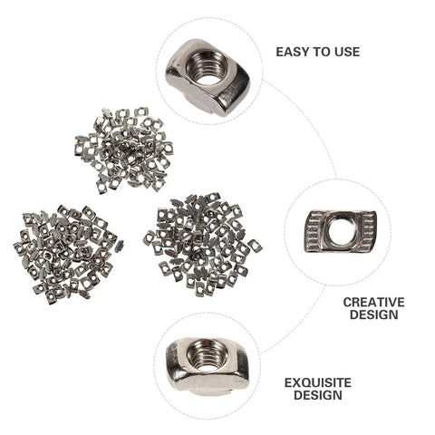 180 Pc Rock Solid Hammer Head T Slot Nuts Fasteners For Aluminum Extrusion And Cabinet Framing Nickel Plated Heavy Duty Top Shelf Hardware Kit with nuts arranged and a close-up of a single nut.