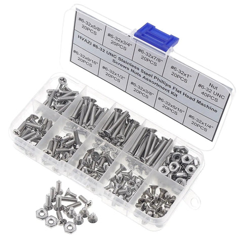 Size 6 32 UNC Stainless Steel Phillips Flat Head Machine Screws And Hex Nuts Assortment Kit 304 Stainless Full Thread Length