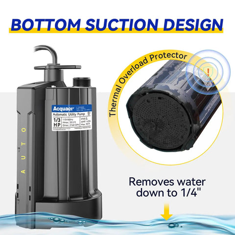 1/3 HP Submersible Water Pump 115V Auto On Off Sensor, 2160 GPH High Flow Sump Pump with bottom suction design, black