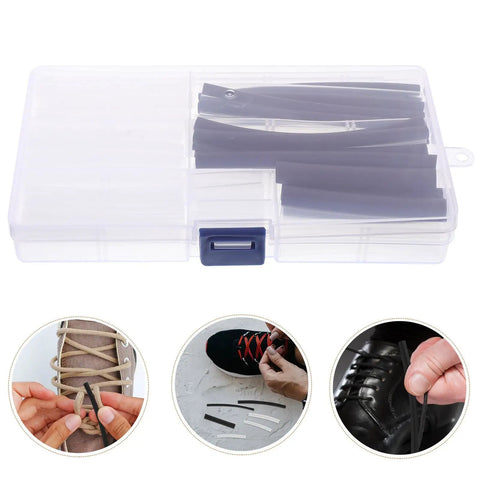 DIY Shoe Lace Repair Kit With 78 Reusable Plastic End Caps And Heat Shrink Tips To Fix Snaggy Sneakers And Formal Laces Anytime Without Buying New Ones For A Fresh Look, clear case