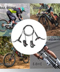 4 Piston Mountain Bike Hydraulic Disc Brake Set for Front Right 800mm and Rear Left 1400mm shown with trail, downhill, fat bike, e-bike