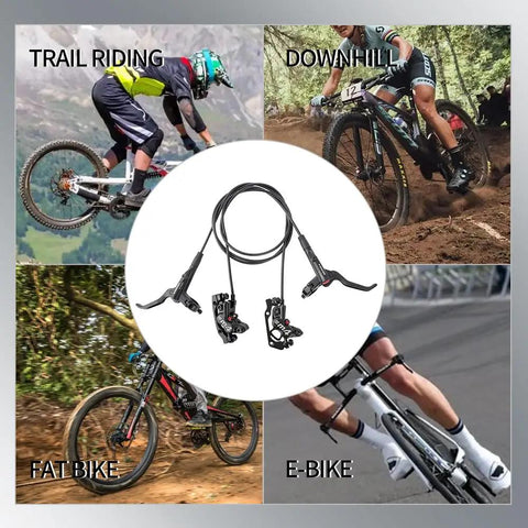 4 Piston Mountain Bike Hydraulic Disc Brake Set for Front Right 800mm and Rear Left 1400mm shown with trail, downhill, fat bike, e-bike
