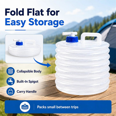 Grab-and-Go Foldable Water Container With Spigot For Camping And Travel, shown folded on table near a tent and lake.