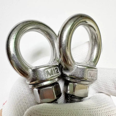Two Pack M12 304 Stainless Steel Shoulder Eyebolts With Nuts And Flat Washers Heavy Duty Lifting Eyebolts in gloved hand
