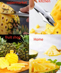 Stainless Steel Pineapple Eye Peeler and V Shape Cutter peeling pineapples in kitchen, supermarket, and home settings