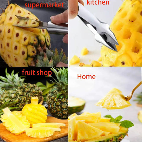 Stainless Steel Pineapple Eye Peeler and V Shape Cutter peeling pineapples in kitchen, supermarket, and home settings