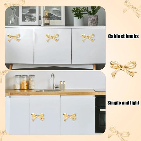 Bow Shape Cabinet Knobs Set Of 6 Brass Vintage Gold Finish Drawer Pulls installed on white kitchen cabinets