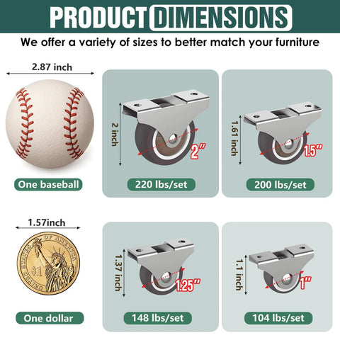 Image showing 2 Inch Rubber Caster Wheels Set Low Profile Fixed and Quiet Rolling Casters for Furniture Drawers Storage Bins and Small Appliances Brown