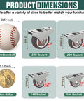 Product dimensions of Built Different One Inch Mini Caster Wheels Four Pack with size comparisons to baseball and dollar coin.